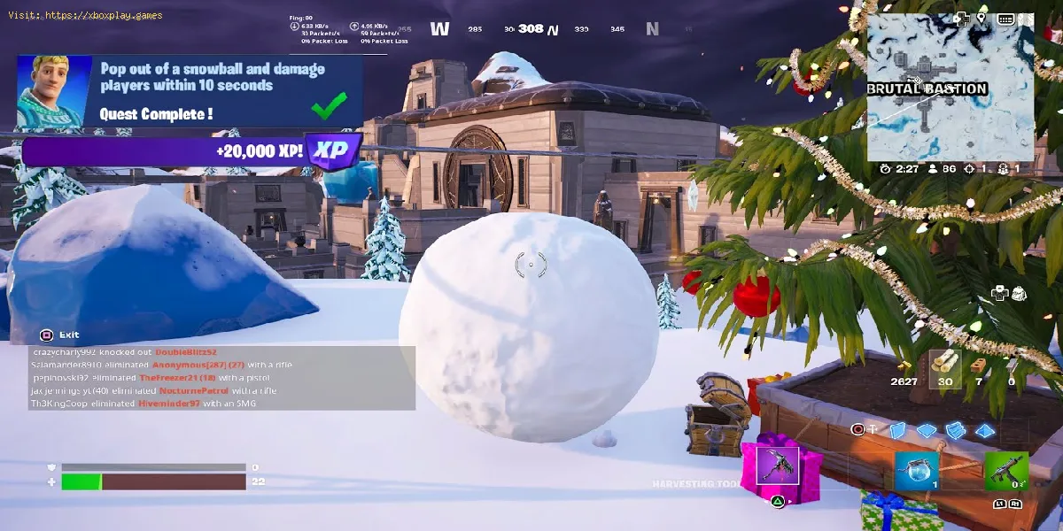 danneggia 10 giocatori che escono da una palla di neve gigante in Fort