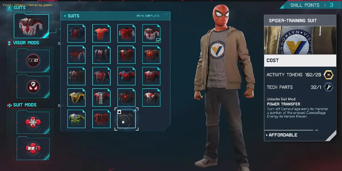 o traje de treinamento Spider em Spider-Man Miles Morales