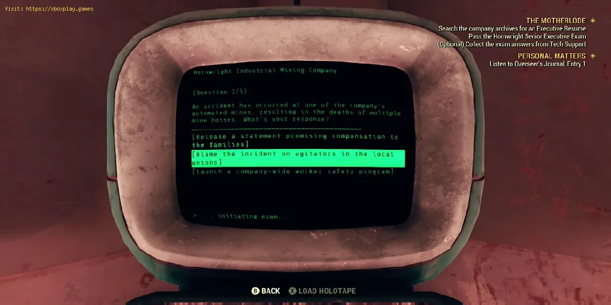 Fallout 76: Concluindo o exame industrial Hornwright - Respostas de exames